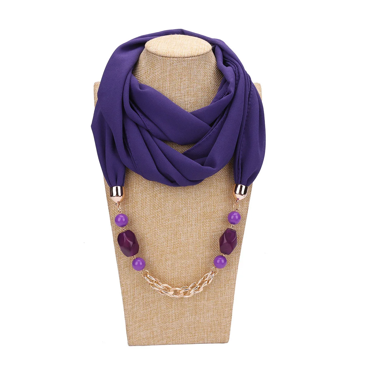 Women\'s Scarf Handkerchief Chiffon Hijab Jewelry Necklace Resin Beads Pendant Scarves Bohemia Head Scarf