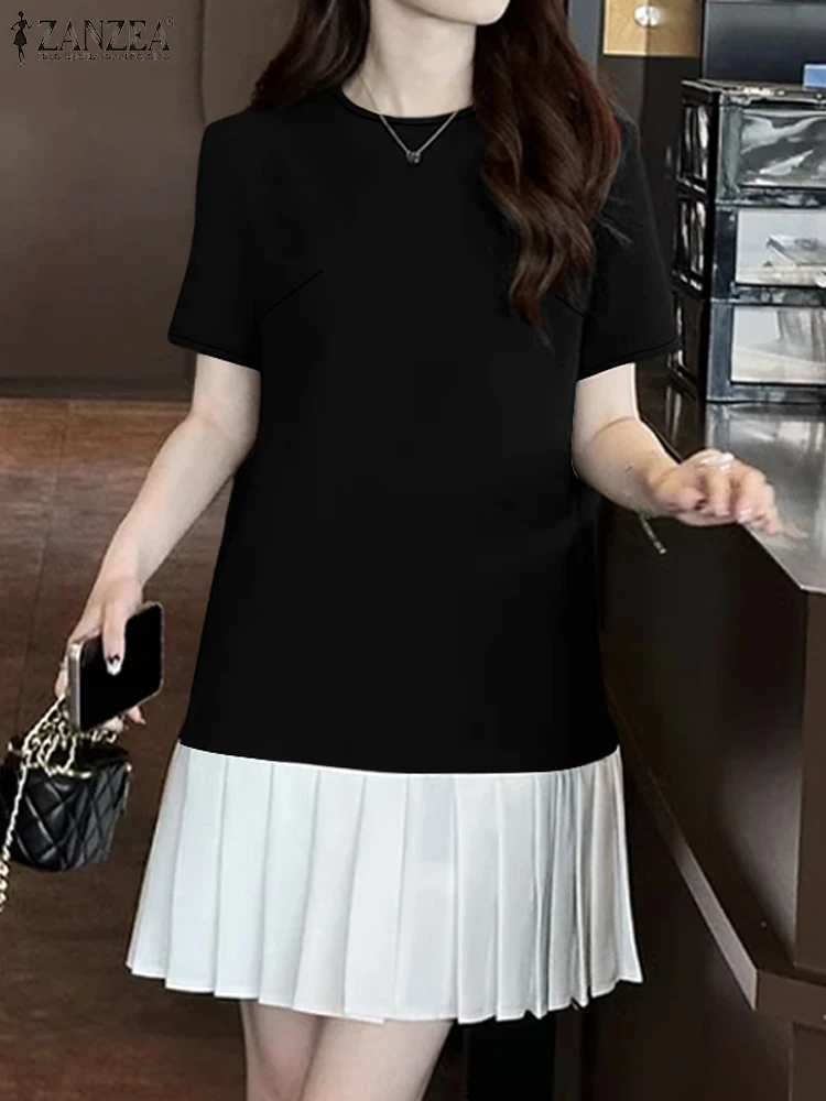 ZANZEA Fashion Women A-line Vestidos Pleated Hem Casual Color Block Short Sleeve Mini Dress O Neck Streetwear Party Dresses