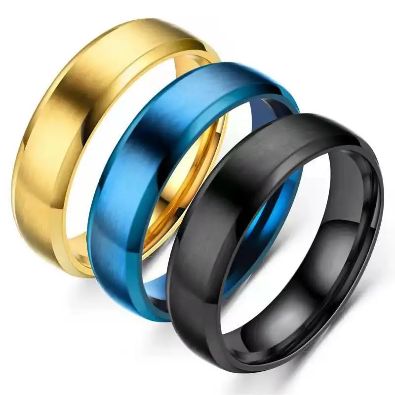 Maxmoon Men's fashion 8MM Black Brushed Ladder Edge Stainless Steel Ring Blue Groove Men Wedding Ring Gifts For Men