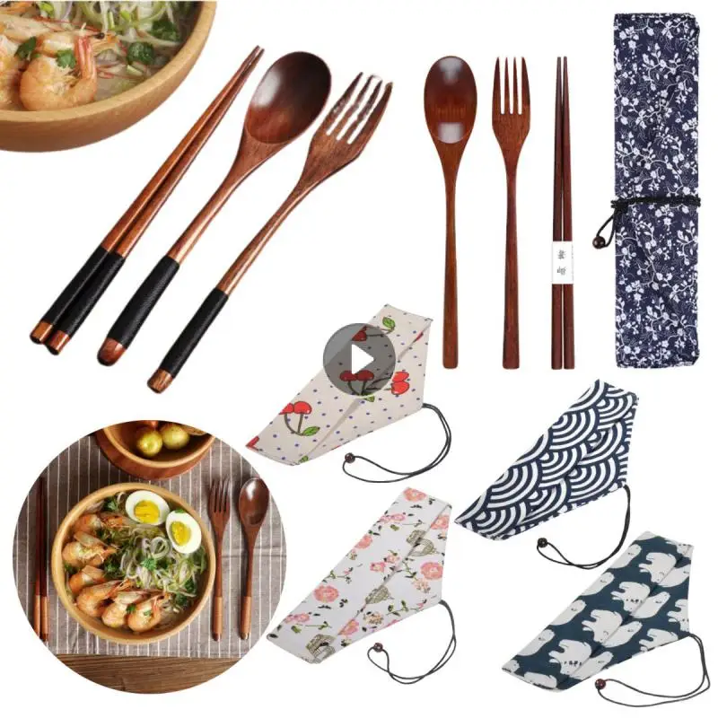 3 Pieces Tableware Natural Wood Dinnerware Spoon Chopsticks Fork Dinner Portable Tableware Grain Household Kitchen Cutlery Set