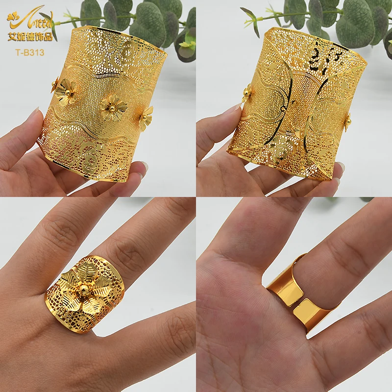 ANIID 24K Dubai Gold Plated Bangle Bracelet With Rings For Women Bridal Designer African Jewelry Wedding Ethiopian Bracelets