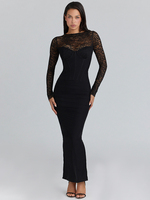 Mozision Lace Long Sleeve Backless Sexy Maxi Dress Women Elegant Black O Neck High Waist Back Split Bodycon Club Party Dress