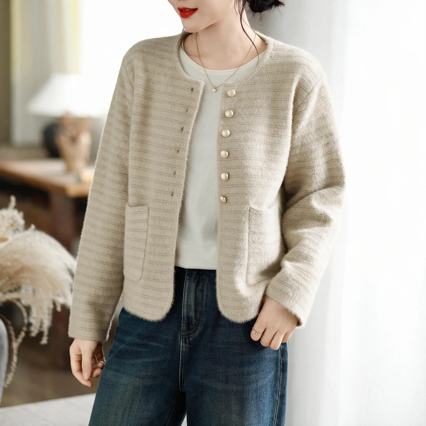 Waterproof Knitted Short Coat Soft Cozy Imitation Mink Sweater Outerwear Spring Autumn New Style Korean Loose Fit Top for Women