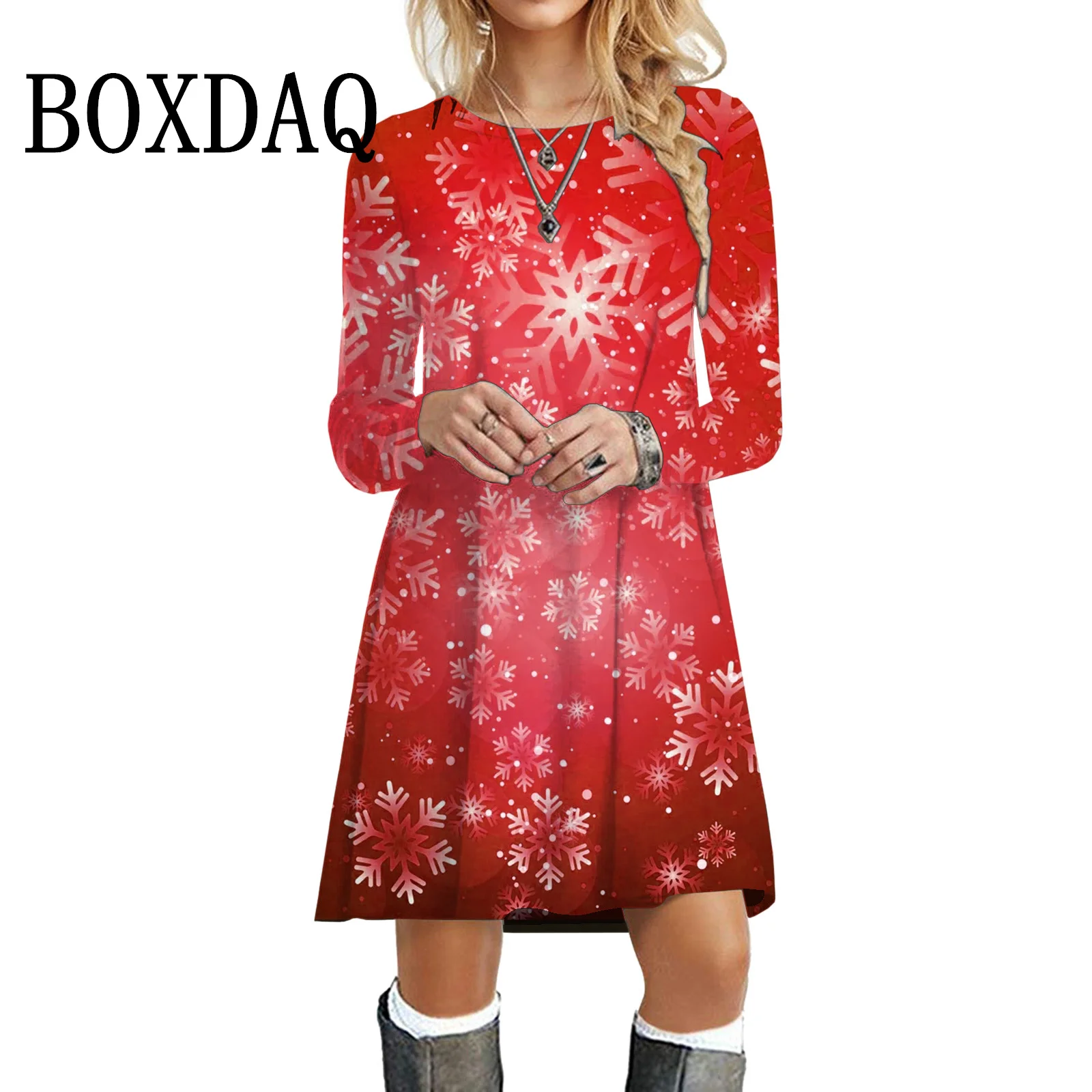 Christmas Dress Women Casual Pullover Snow Print Mini Dress Lady Autumn Long Sleeve Party Dresses Female Xmas Mini Dress Winter