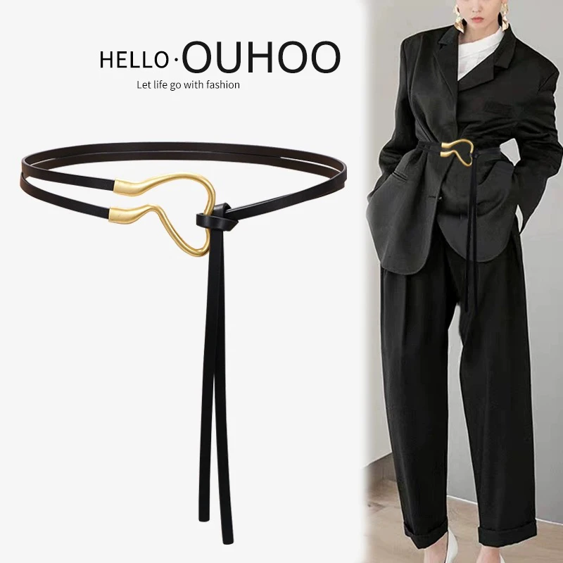 Fashion geometric shape thin belt gilt matte buckle waist rope lengthening knot cowhide belt string knot leather waist seal