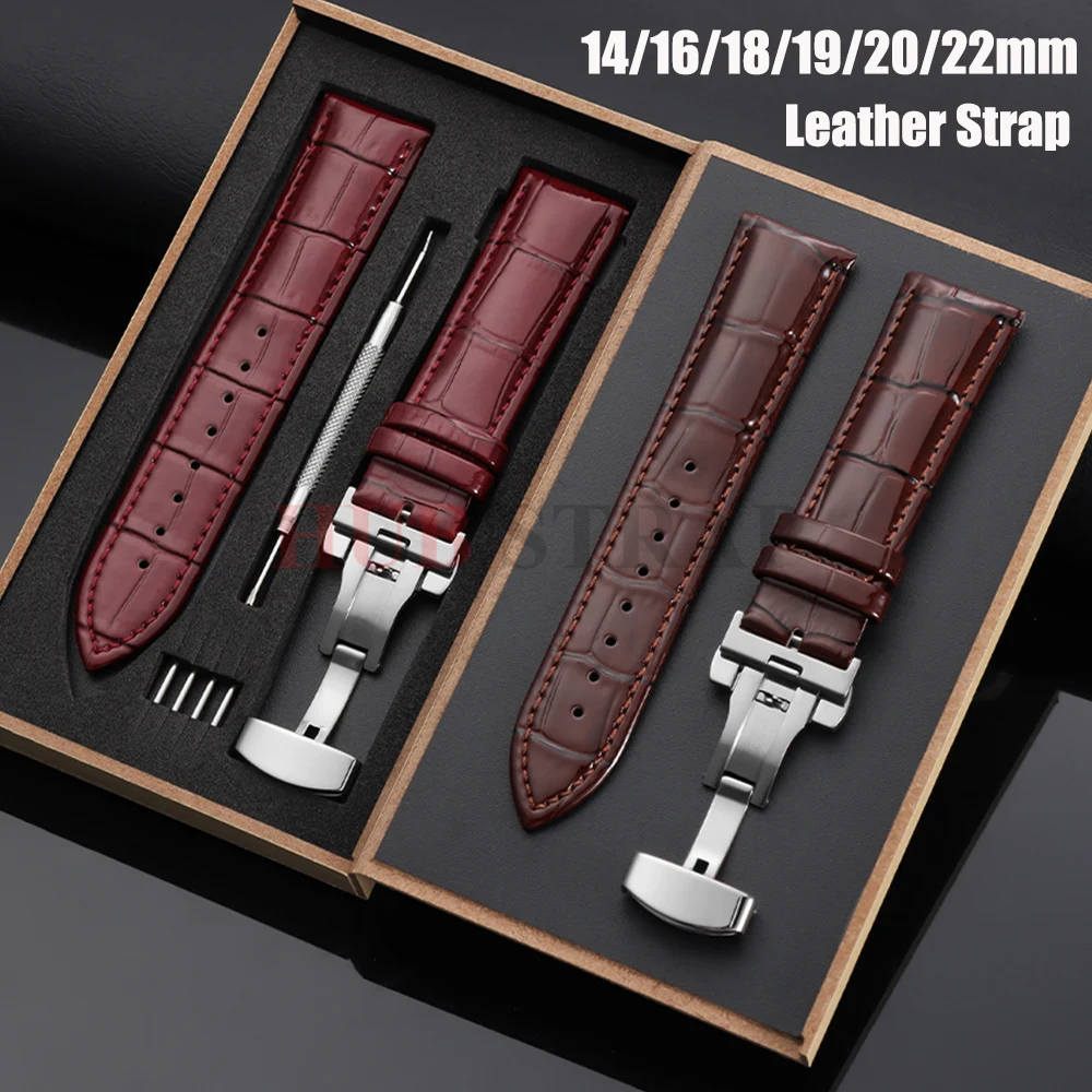 14/16/18/19/20/22mm Watch Band with Wooden Box Butterfly Clasp Watchband Replacement Retro Leather Strap Belt Watch Accessories