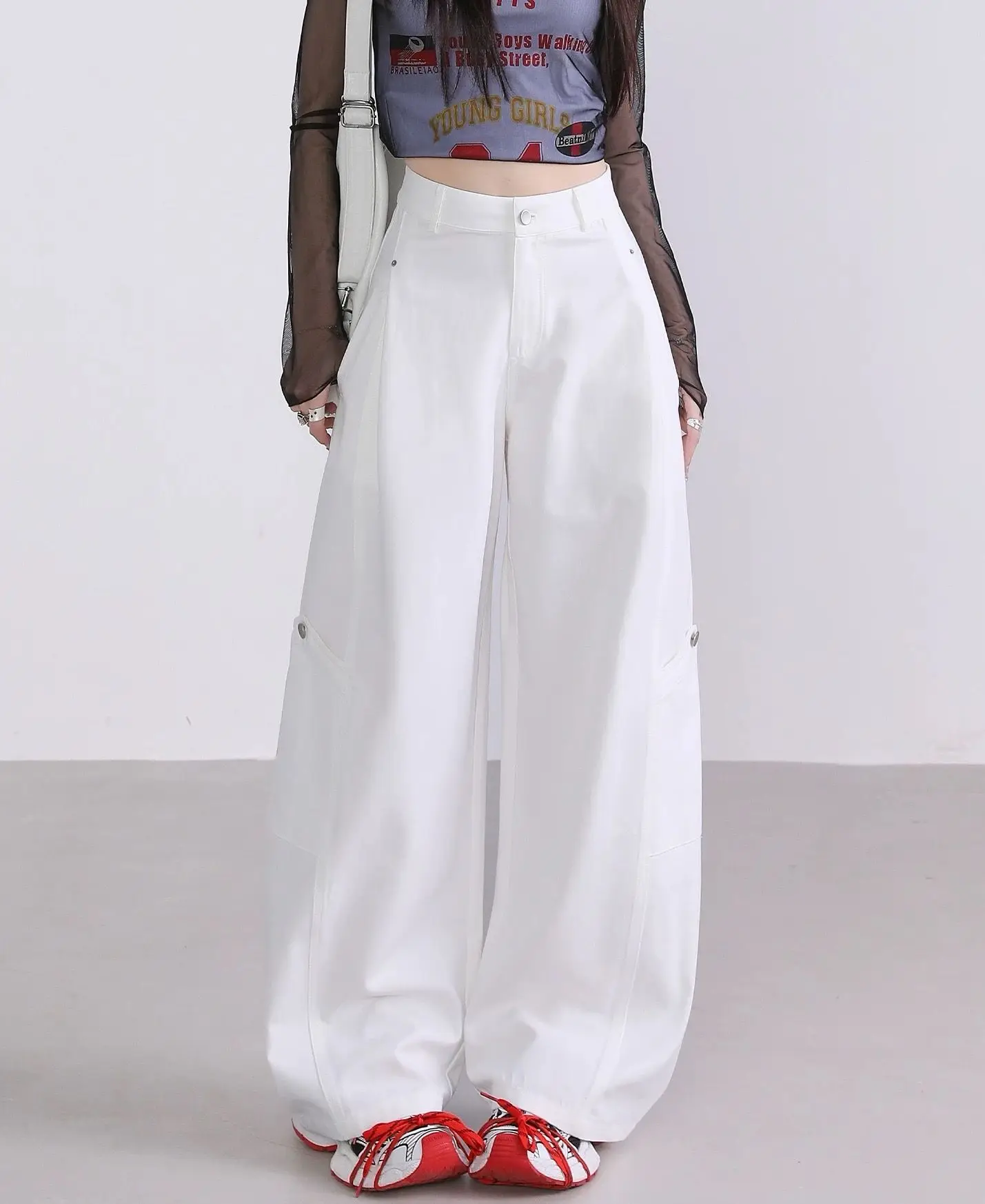 

2K Multi Pocket Curved Knife Denim Work Pants High Waisted Loose Casual Wide Leg for Women