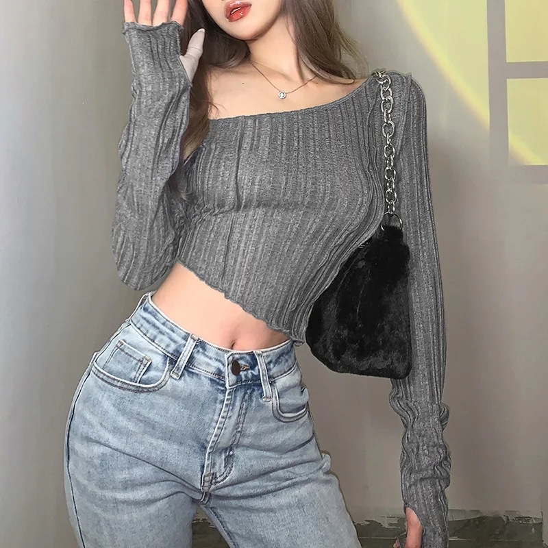 APIPEE European American Style Autumn Women's Fashion Solid Color Slim Fit Crop Top Irregular Off-Shoulder Long Sleeve T-Shirt