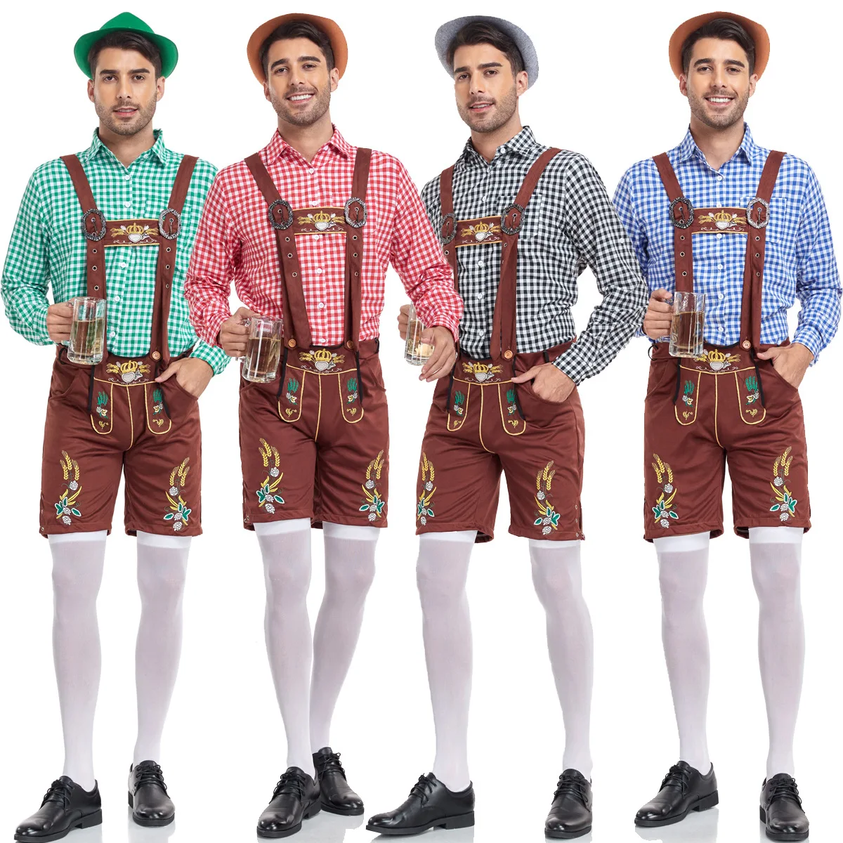 

German Traditional Oktoberfest Beer Dress Plaid Shirt Men's Beer Suspenders Suit