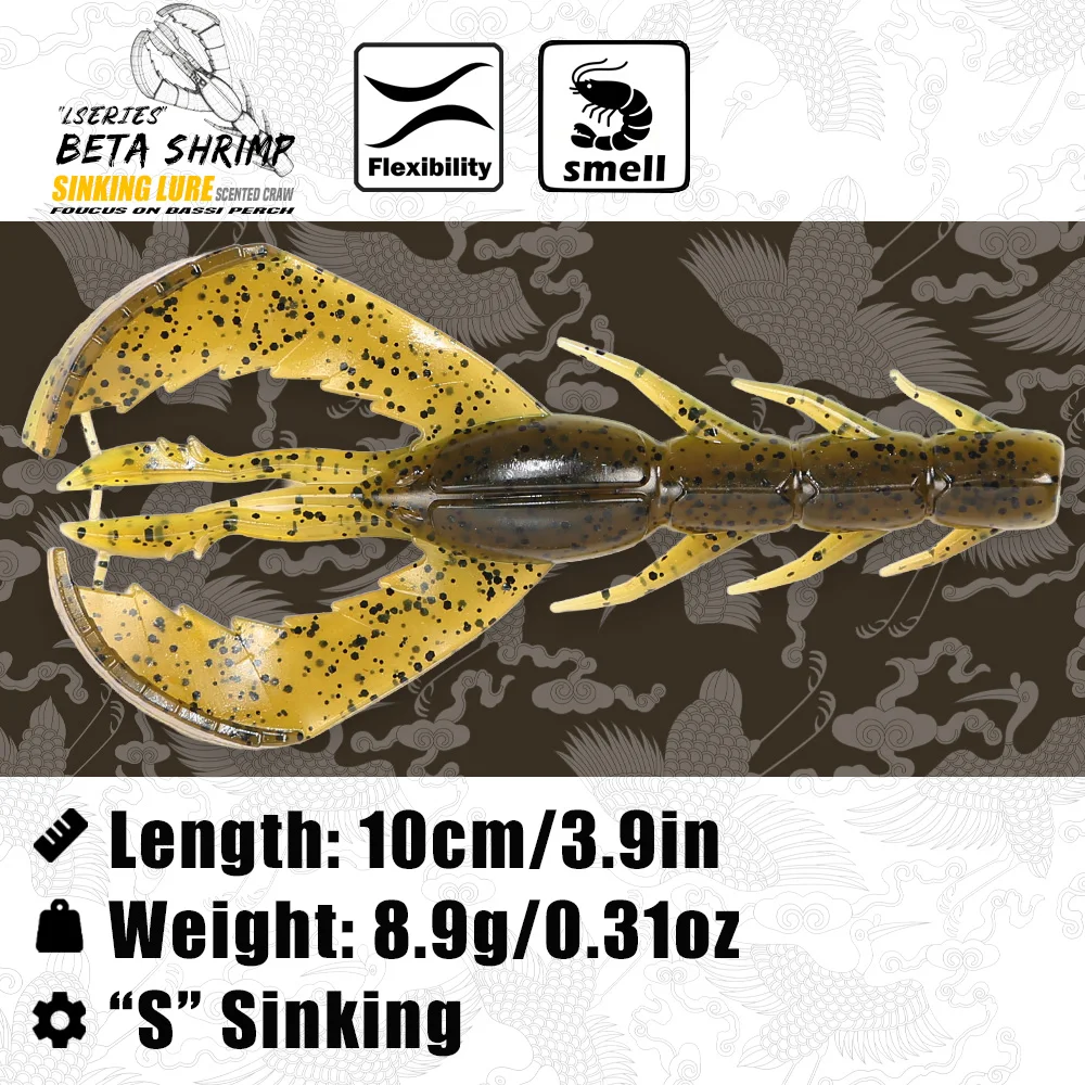 B&U Craw Shrimp Soft Fishing Lures, Scented Lifelike Speckled Soft Plastic Creature Baits for Freshwater Bass Perch Pike Texas R