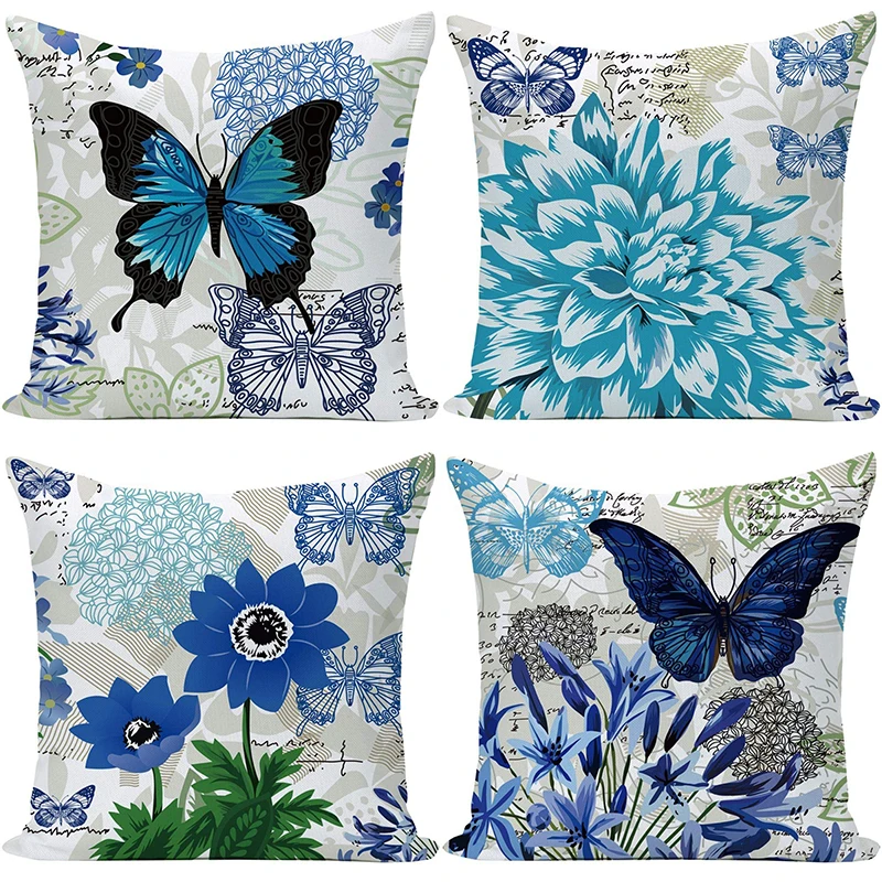 

Blue Butterfly Flower Decorative Pillowcase Living Room Sofa Office Seat Cushion Cover Bedroom Home Decor Throw