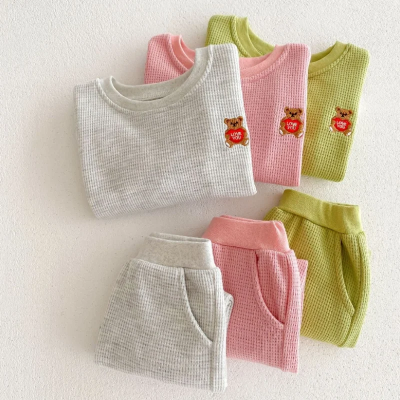 Bebê recém-nascido crianças waffle conjuntos de roupas de manga longa dos desenhos animados das crianças urso sweatshirts + calças terno para meninas meninos roupas de outono