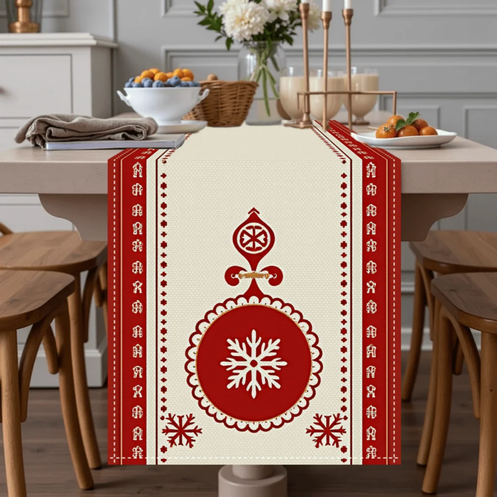 1 Stück roter und weißer Schneeflocken-Tischläufer – Winter-Weihnachtsfeiertagsdekoration, elegante Tischfahne für Esstisch-Mittelstück