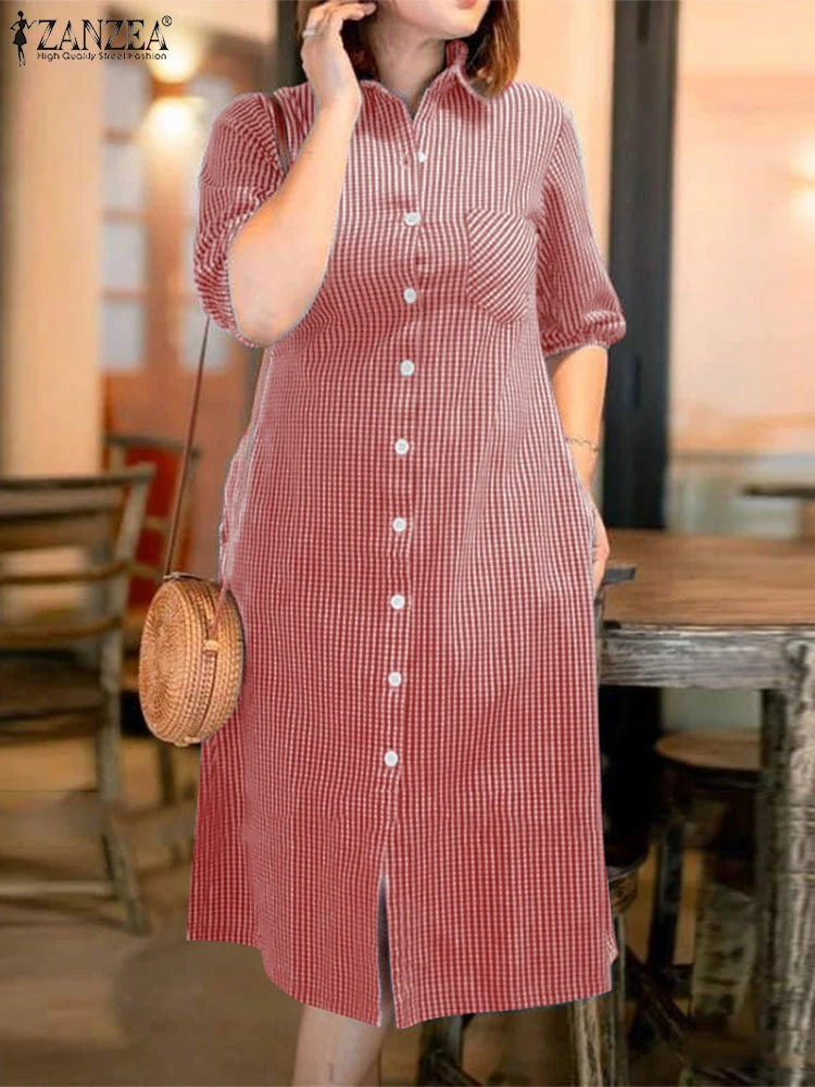 ZANZEA Checked Half Puff Sleeve Midi Dress Commute Elegant Women Gingham Vestidos 2025 Summer Turn-down Collar Daily Shirt Dress