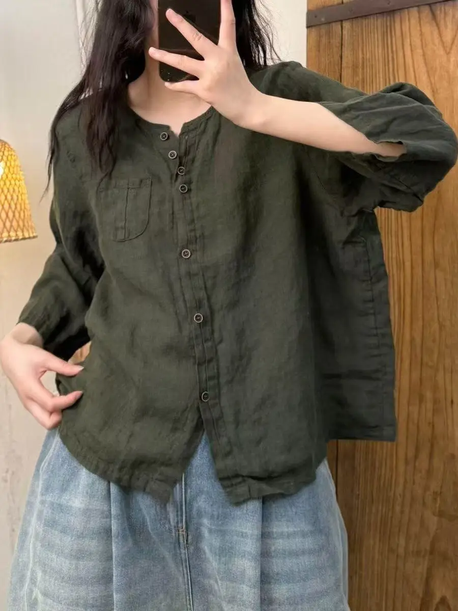 

Повседневная льняная женская летняя рубашка с круглым вырезом, свободного кроя, тонкая, универсальная, для делового и повседневного стиля