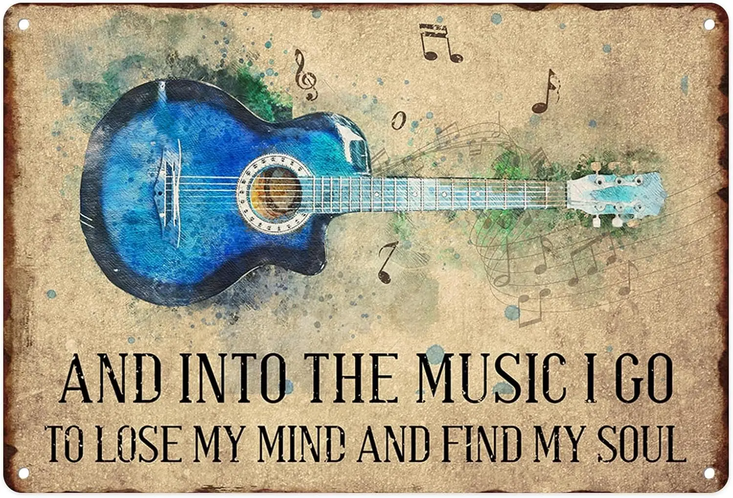 Sanwarm Metal Sign , Colorful Blue Guitar Vintage Tin Sign Wall Art Decor for Home, Living Room, Kitchen, Garden, Bedroom, Offic