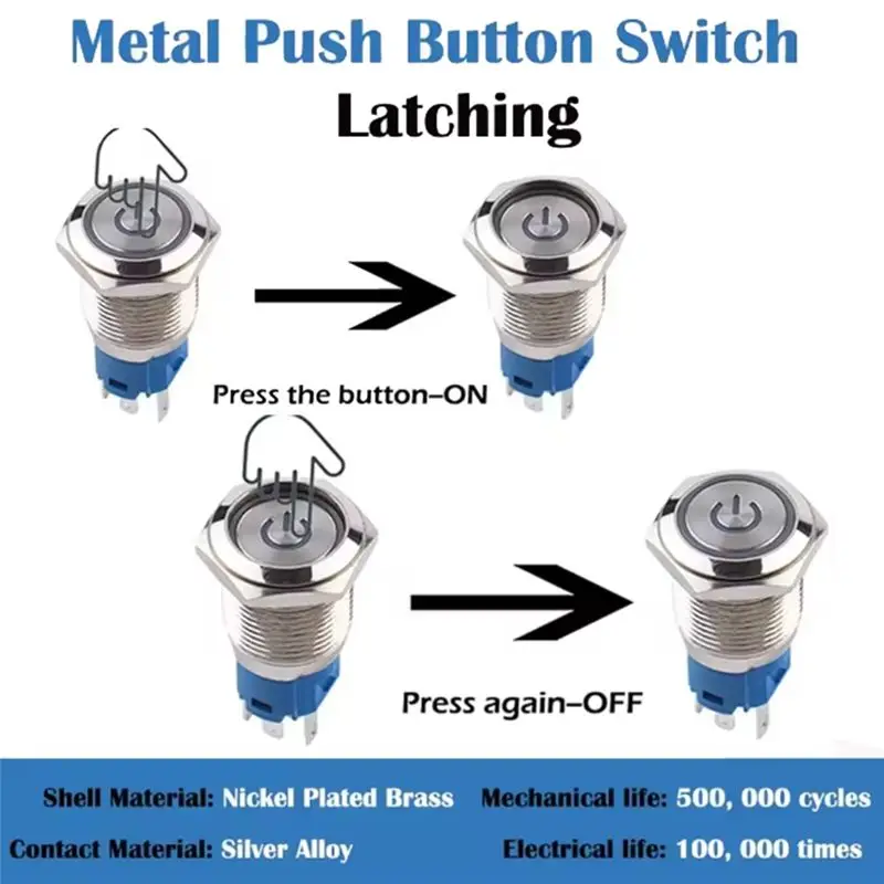 ABMI-16Mm Metal Latching Push Button Switch Waterproof Anti-Vandal Silver Shell For 5/8