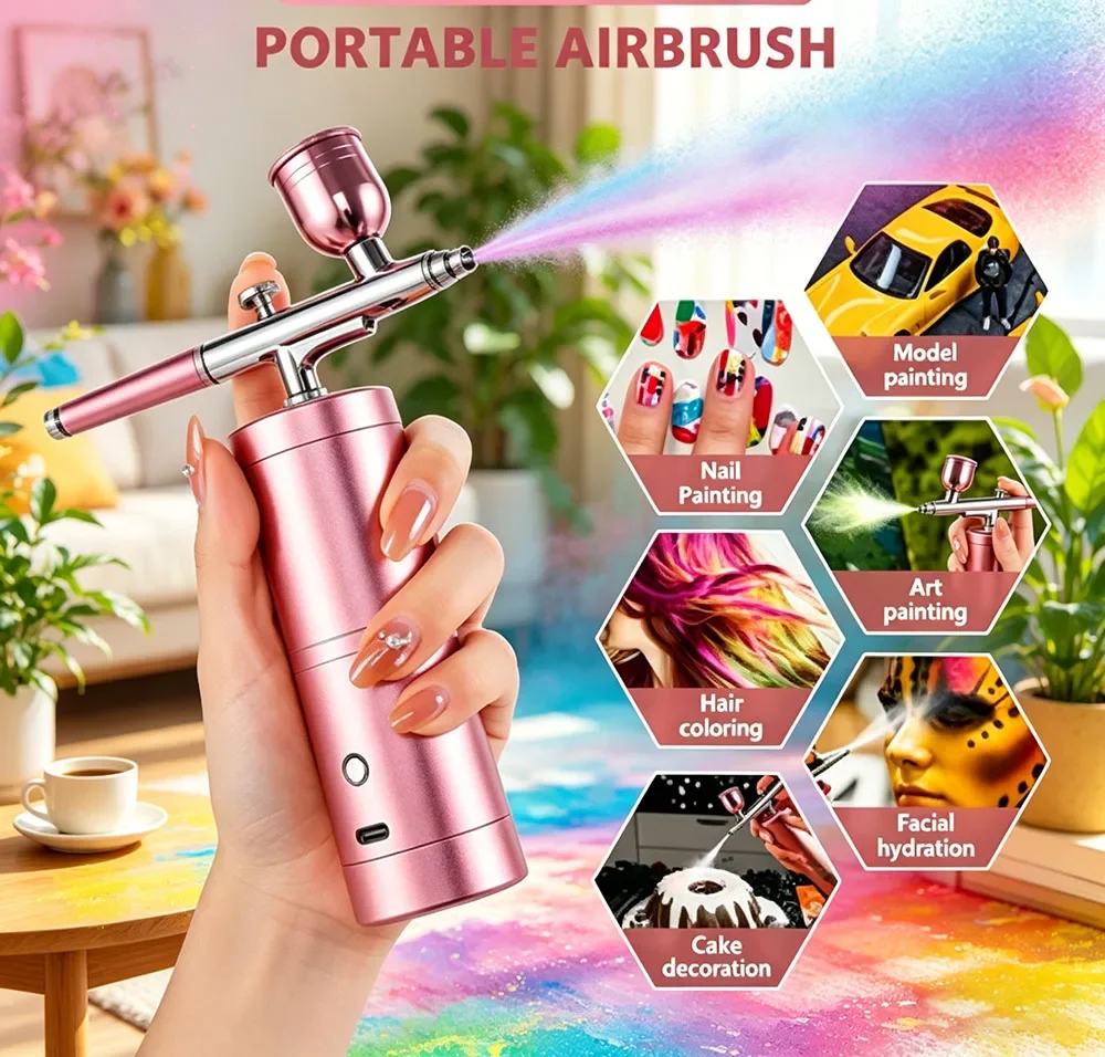 

0.3mm Mini Pink Air Compressor Kit Airbrush Paint Spray Gun Nano Fog Mist Sprayer For Nail Art Tattoo Craft Cake