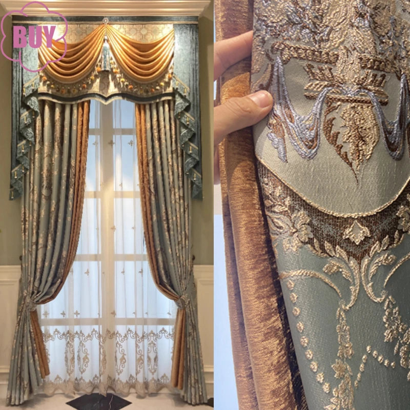 

Customized Light Blue Embroidered Screen Jacquard Patched Curtains for Living Room Bedroom Villa French Window Balcony Finished