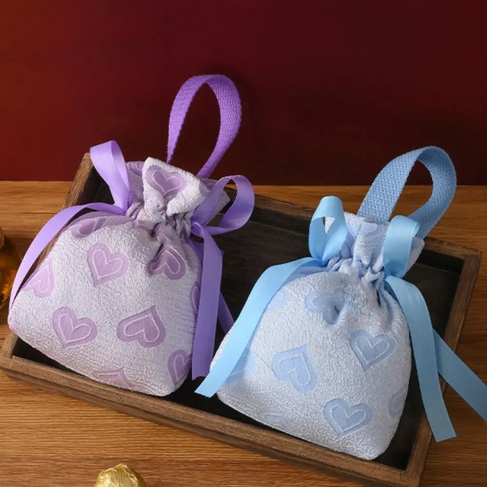 Fashion Love Heart Wedding Sugar Bag Korean Style Handle Canvas Drawstring Bag Large Capacity Coin Purse Bowknot Handbag Party