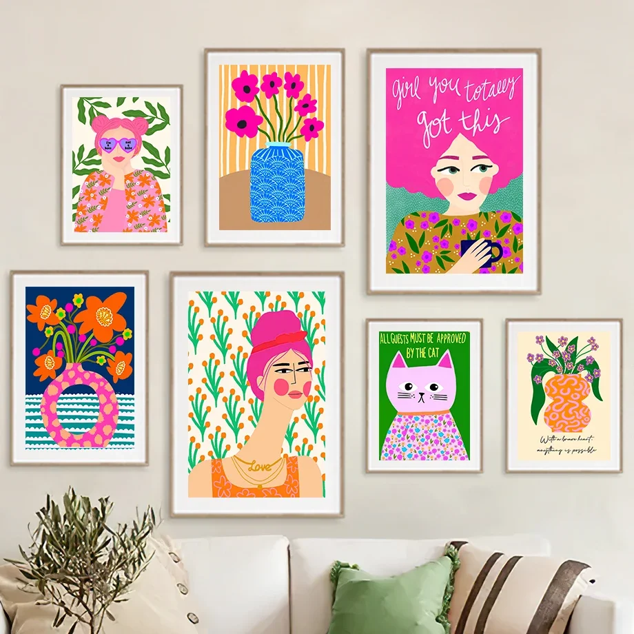 

Abstract Long Hair Girl with Flower Cat Wall Art Canvas Painting Trendy Poster Print for Girl's Bedroom Kids Room Decor