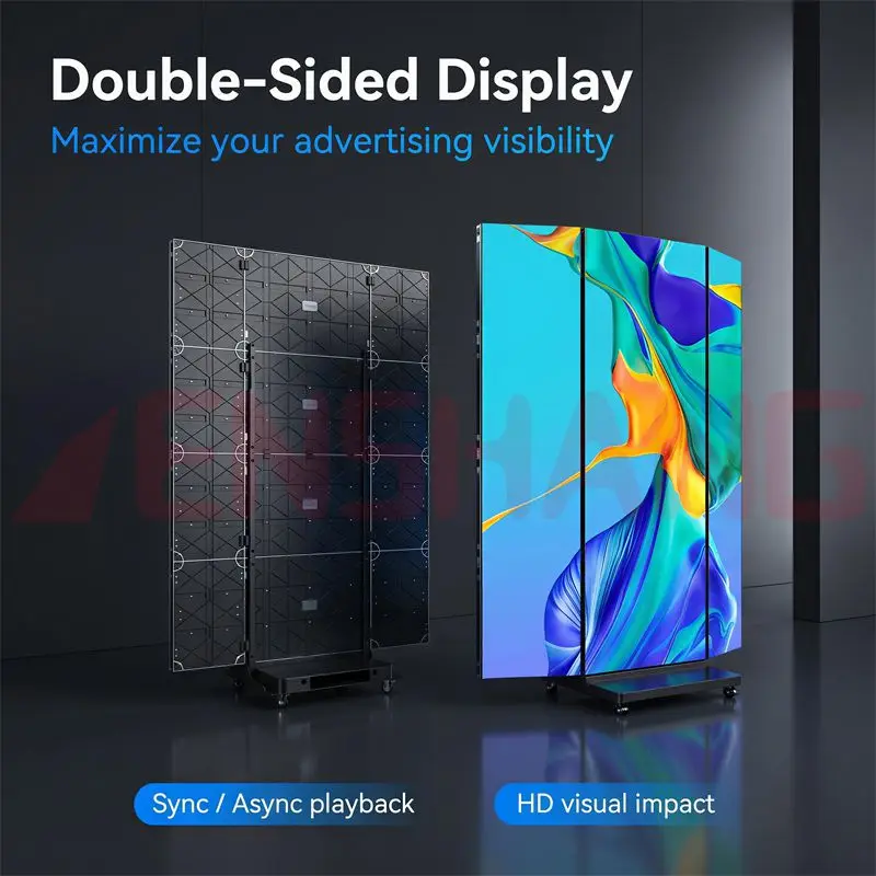 Triple Foldable LED Electronic Poster Screen 1280x1920mm Double Sided GOB Technology Led Display Module Seamless Splicing Wheels