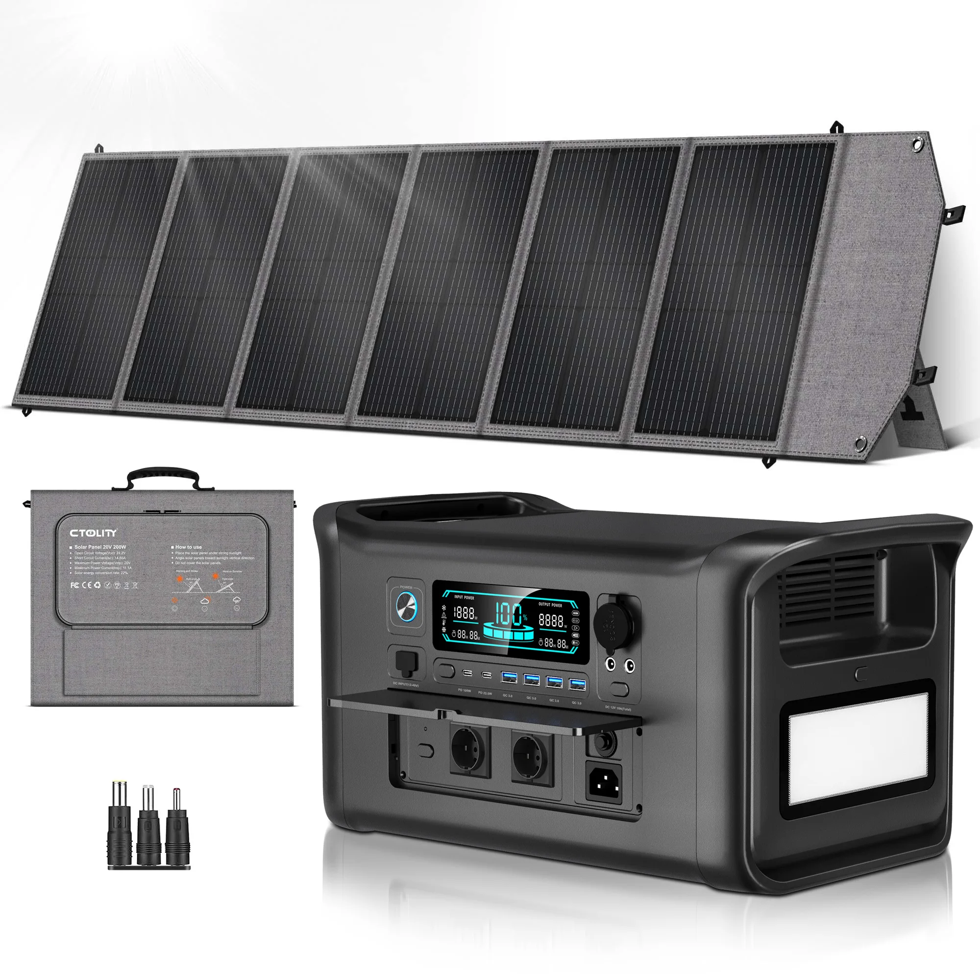 

CTOLITY AP1000 Солнечный генератор 1024 Втч с солнечными панелями 200 Вт 20,5 В Портативная электростанция LFP 1200 Вт Солнечная быстрая двойная зарядка RV