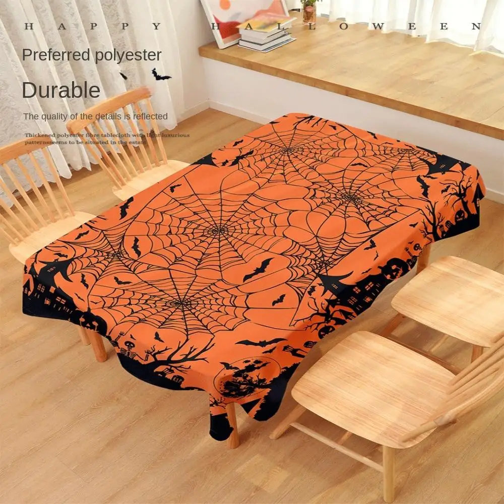 Printed Halloween Tablecloth Rectangular 55×71 Inch Wrinkle Free Table Cloth Polyester Reusable Spider Web Pumpkin Tablecloth