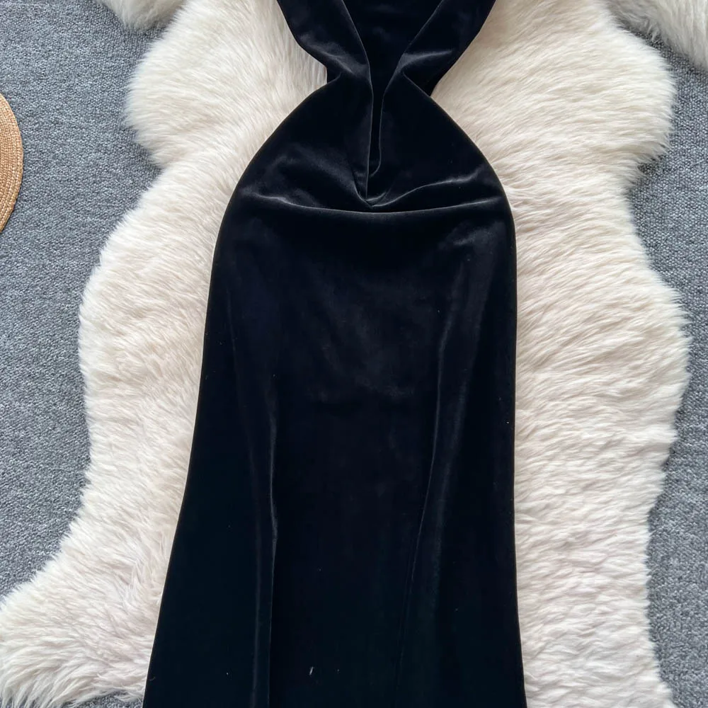 Retro Elegant Casual ärmelloses rückenfreies Velours schlankes Fairycore-Sommerkleid mit hoher Taille Damenbekleidung