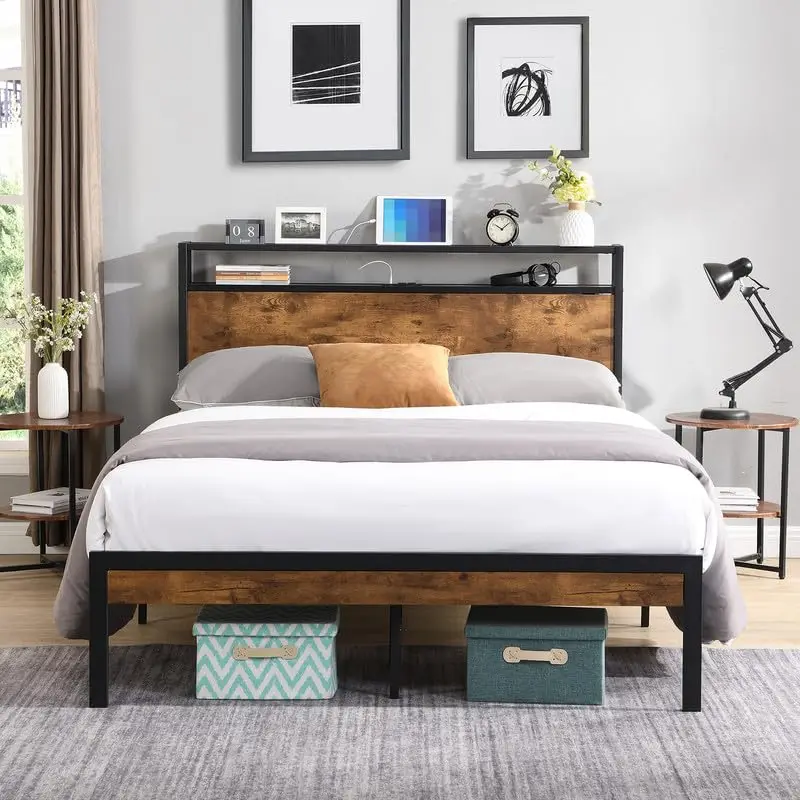 Metal Platform Bed King Size Storage Headboard Footboard USB Charging Sturdy Noise-Free No Box Spring Black Brown, Customized