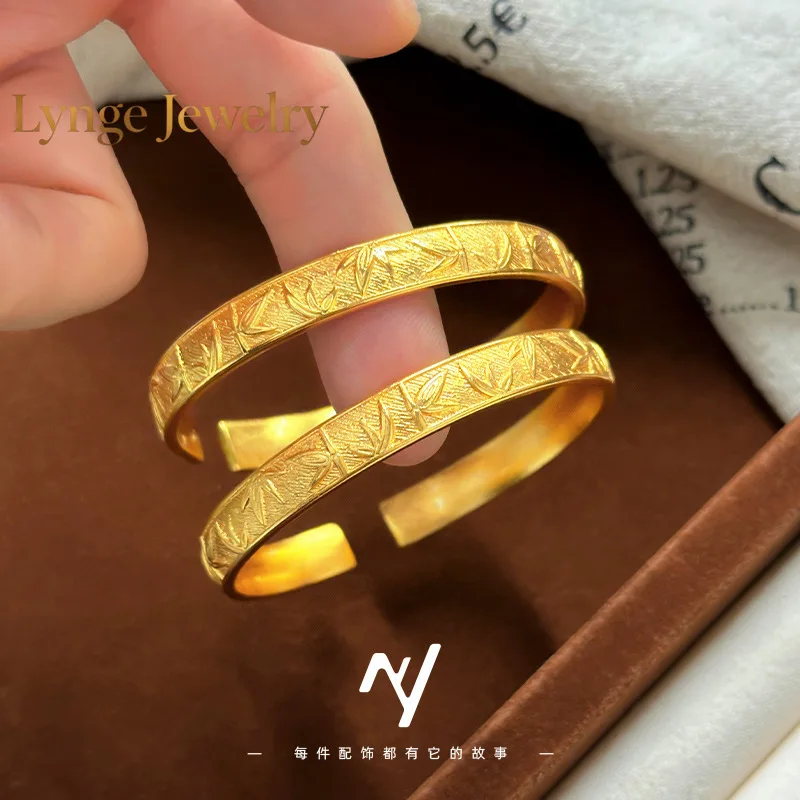 

Lynge Jewelry 2025 new 24K ethnic style new Chinese design 9999 real gold opening national style bamboo leaf opening bracelet fo