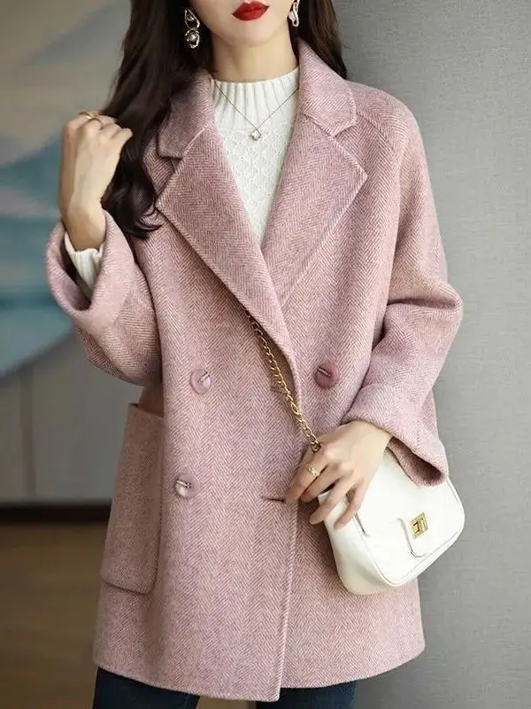 Korean Style Woolen Coat Medium Length Women's Outerwear Winter Season High Waist Pants Casual Daily Wear Thickened Fabric