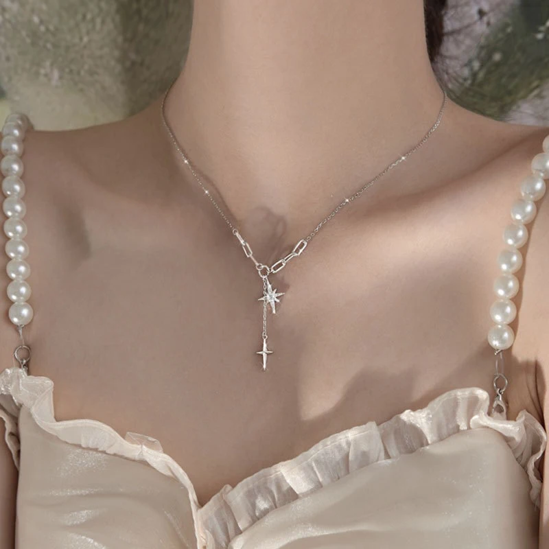 

Silver Fairy Six Point Star Pendant Necklace Simple Clavicle Chain Shiny Zircon Tassel Cross Sweet Clavicle Neck Wedding Jewelry