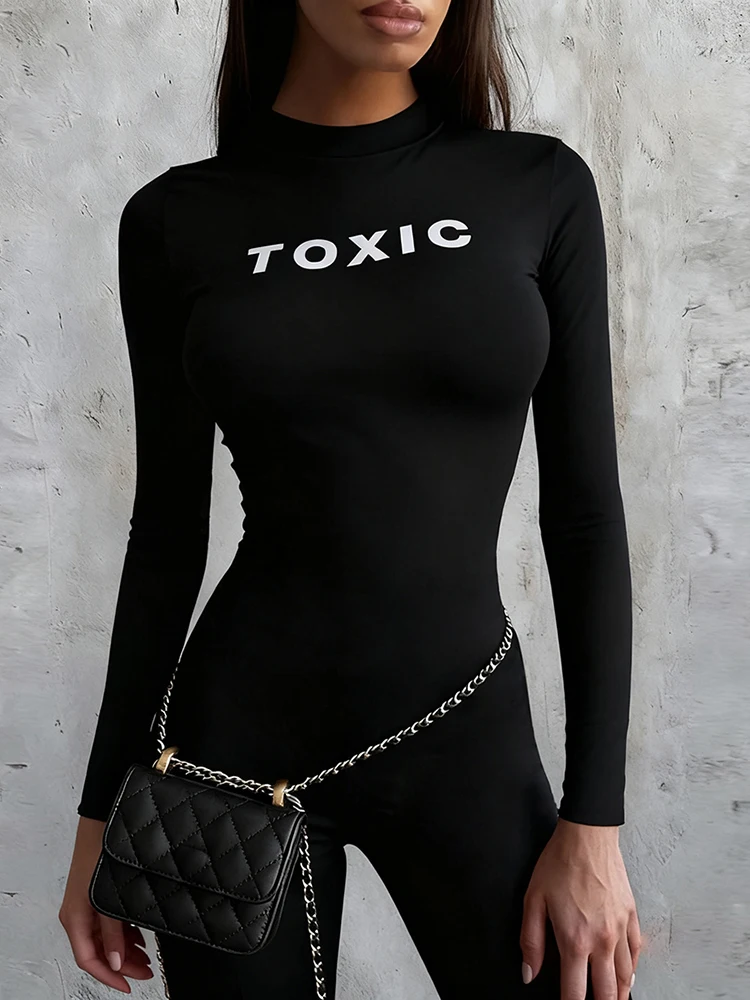 بدلة قفز أنيقة قابلة للتمدد من Sisterlinda للسيدات كاجوال مطبوعة بحروف ورقبة دائرية وأكمام طويلة نحيفة يومية وبسيطة بنمط رياضي