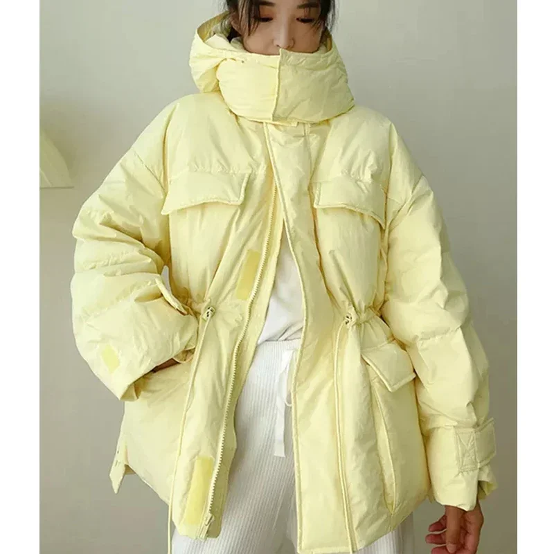 New Winter Hooded Parkas Warm Jacket Women\'s Down Cotton Coat Irregular Fluffy Bubble Drawstring Waist Loose Coat Cotton Coat