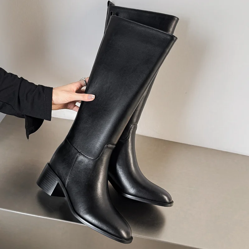 Sewing Lines Shoes for Womens Round Toes Chunky High Heels Solid Female Mid Calf Boots Pleated Zapatos Mujer Real Leather Femme