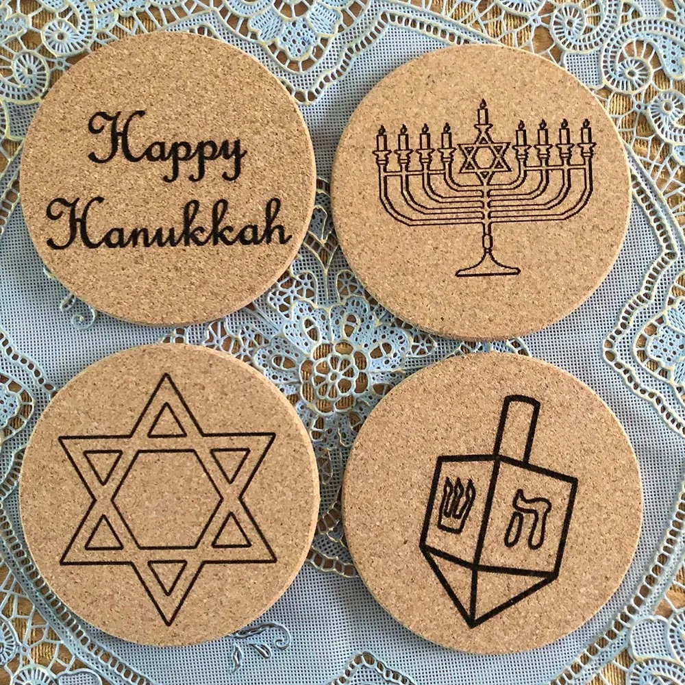 4Pcs Happy Hanukkah Cork Coasters Star of David Menorah Dreidel Jewish Holiday Hostess Gift Home Supplies Tabletop Accessories