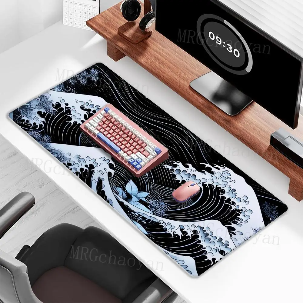 Japanese Wave Art Gaming Mouse Pad Extended Large Desk Mat with Stitched Edges Anti-wrinkle Non-Slip Rubber Base for PC Laptop