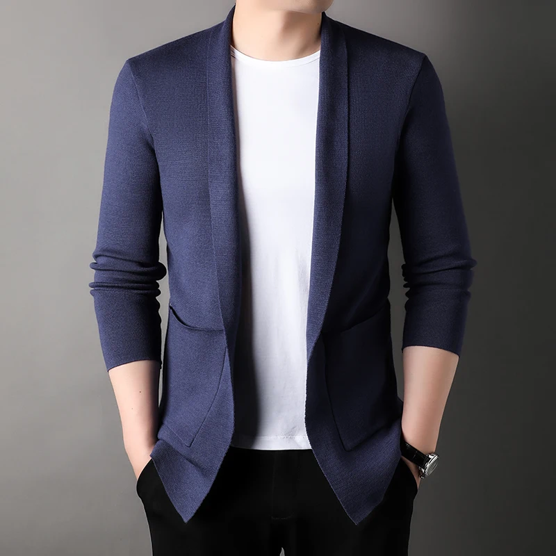 Men's Long Cardigan 2023 Long Sleeved Pocket Design Hot Selling Simple Solid Color Knitted Cardigan