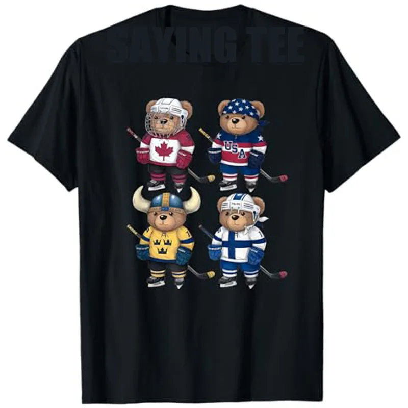 

Four Nations Battle Global Face-Off Teddy Bear Hockey 2025 T-Shirt Humor Funny Graphic Saying Tee Short Sleeve Blouses Cool Gift