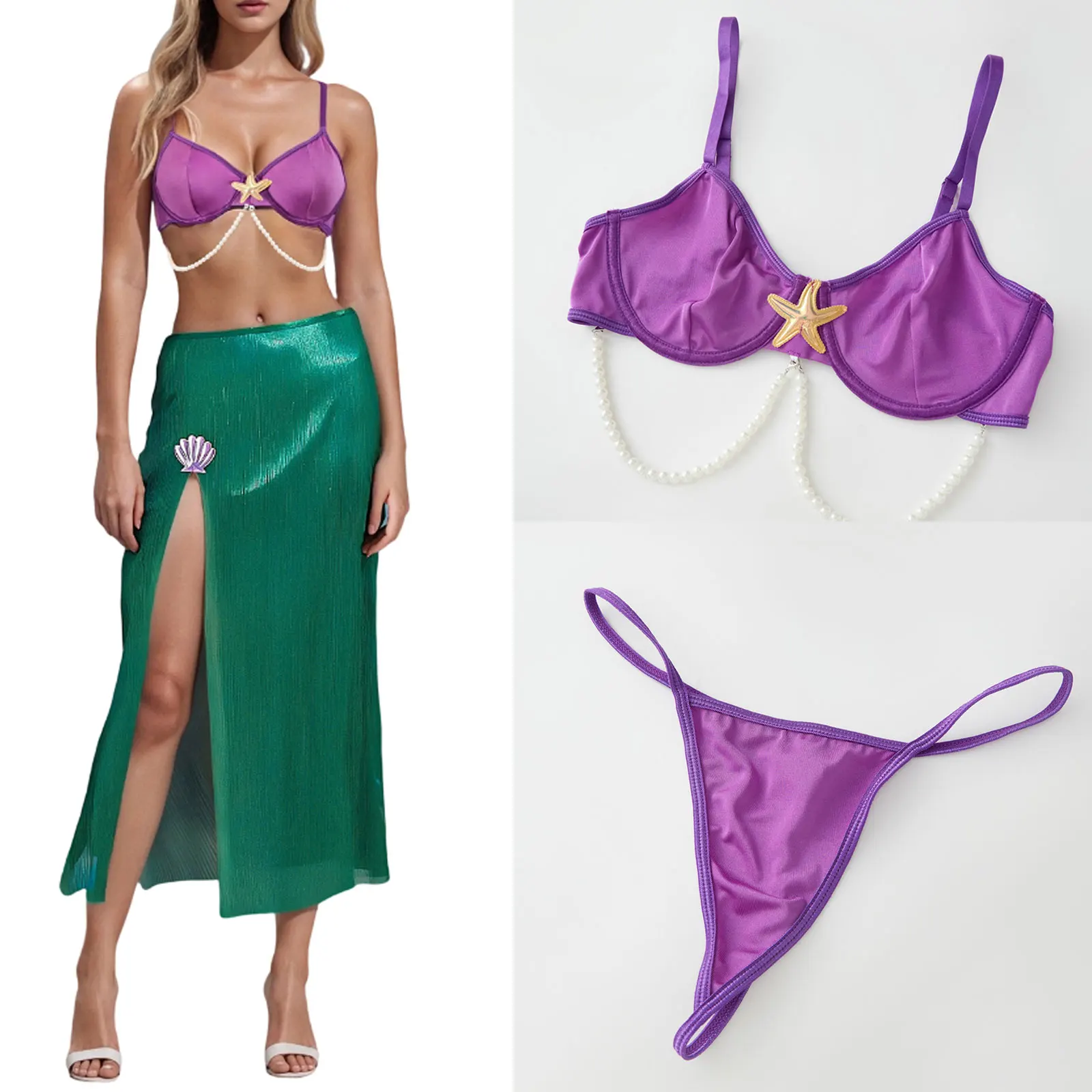 

Women Costume Lingerie Pearl Starfish V Neck Spaghetti Strap Bra Tops Shimmer High Split Skirt G-string Thongs 3Pcs Set