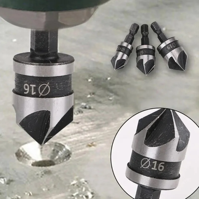 Industrial Grade HSS 3-Flute Deburring Drill Bit Set 5-Pack 3-10mm Hex Anti-Slip Handle Wear-Resistant for Metal Wood Furnitu...