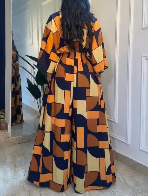 

2026 New Elegant Colorblock Geometric Print V-Neck Batwing Sleeve Ruched Waist Overalls Casual Cinched Waist Wide Leg Jumpsuit