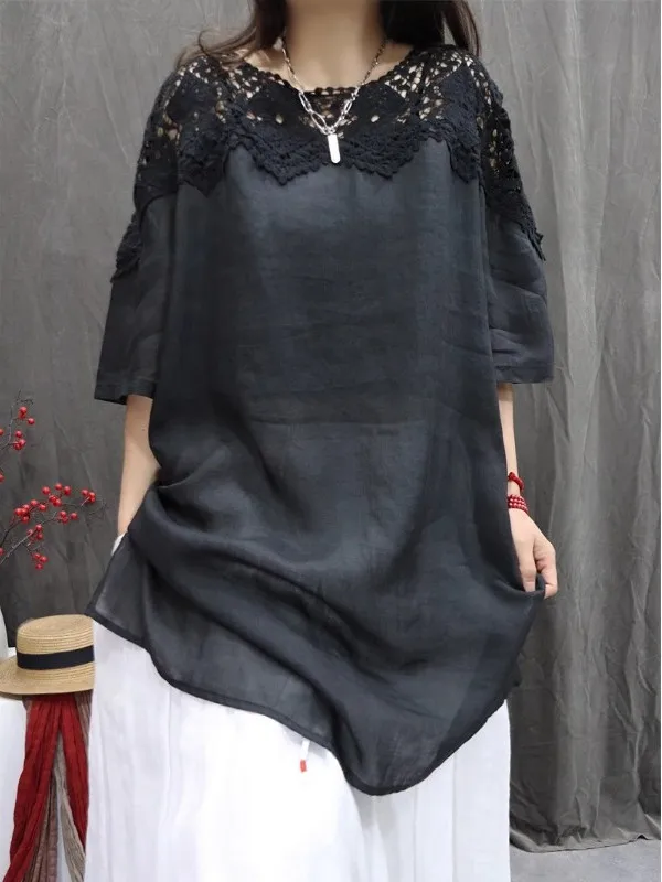 

New 2025 Women's irt Retro Flax Hollow out Splicing Loose Casual Faionable Midi Sve Top Comfortable Breathable Summer