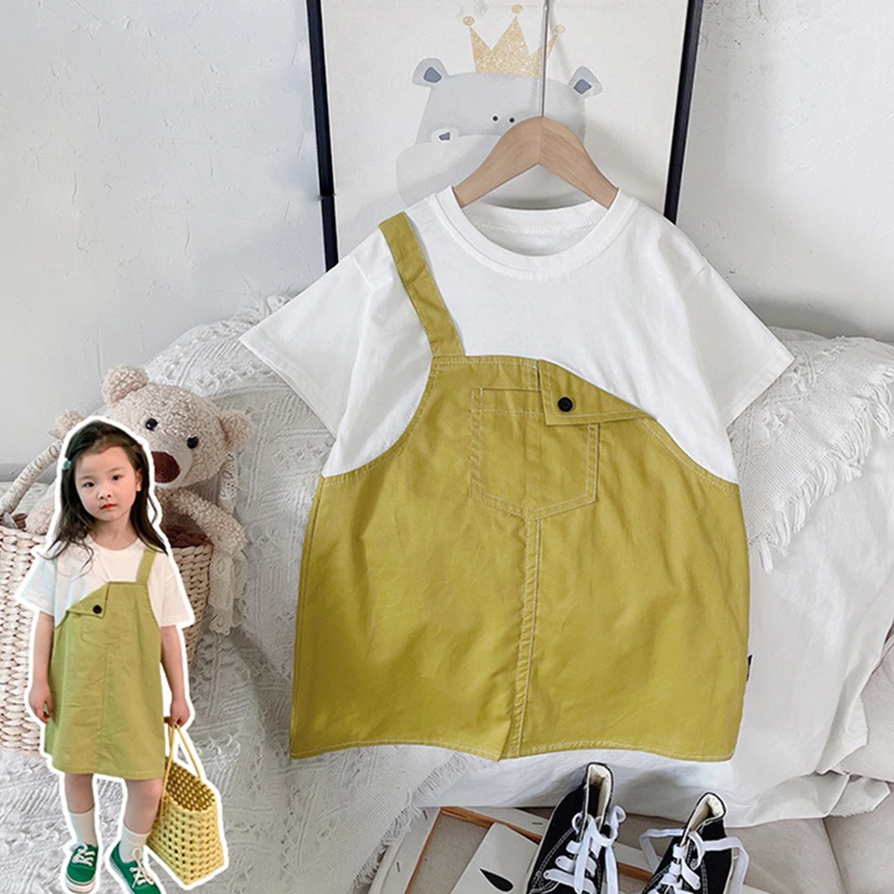 

Girls Summer Dresses T-Shirt Suspenders Dress Outfits Fake Two-Piece Dresses Children's Clothing Vestidos Kids Clothes