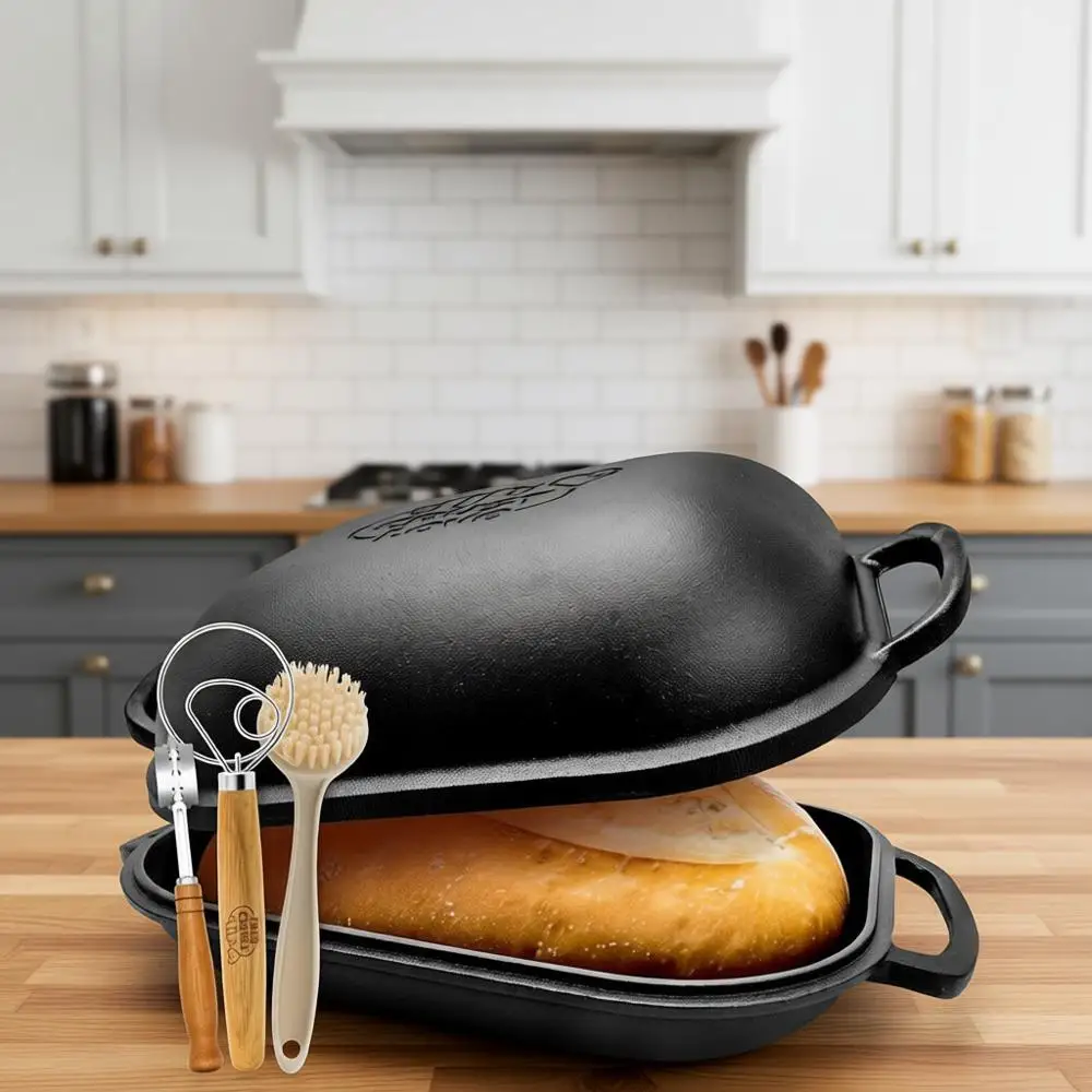 

Чугунная форма для выпечки хлеба с крышкой - Набор для закваски, корзина для расстойки и нож для надрезания теста