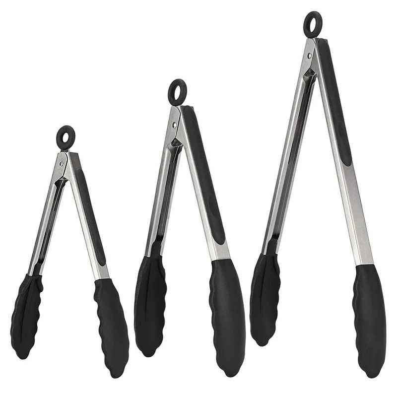 With Joint Lock Kitchen Accessories Silicone Tongs Kitchen Stainless Steel BBQ Non-Stick Kitchen Utensils Barbecue Cooking Tong