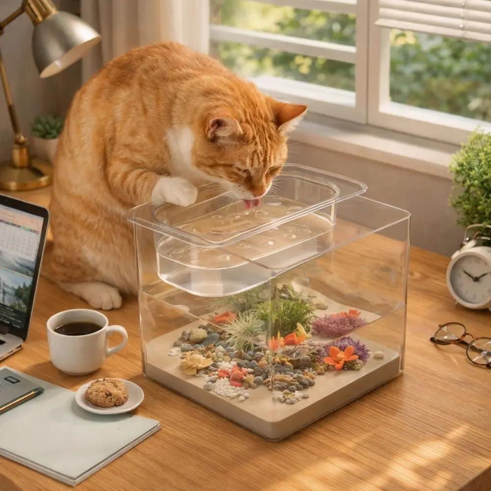 

Creative Transparent Double-layer Fish Tank Cube Plastic Cat Drinking Bowls Shatterproof Goldfish Tanks Living Room