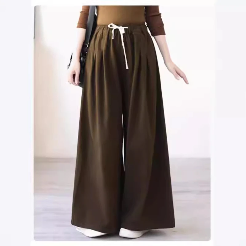 Spring autumn fashion women's retro pleated thin wide leg pants literary high waist pile sense loose casual simple dress trouser