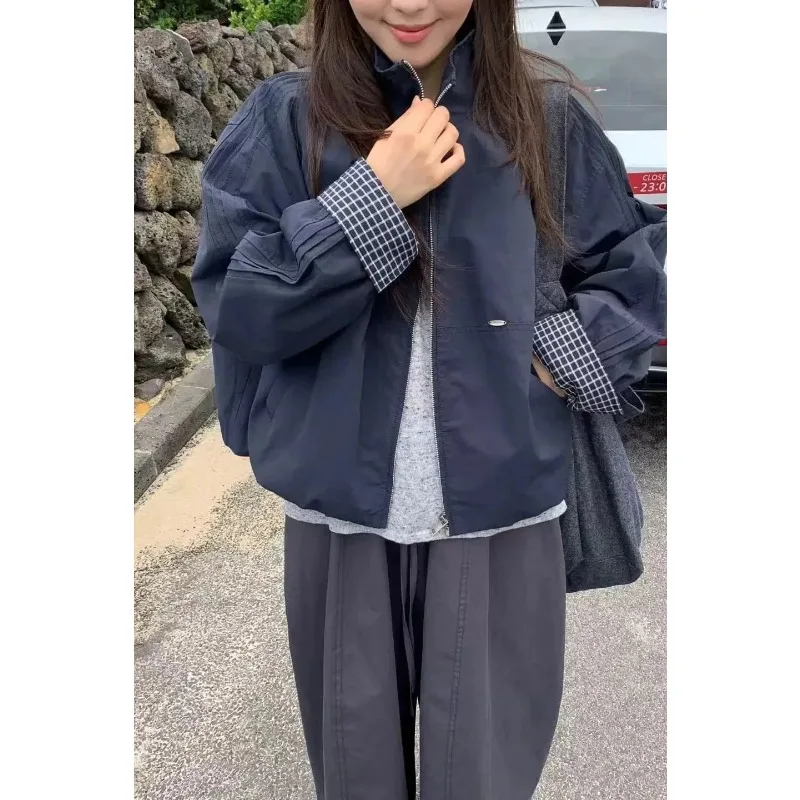 Korean Plaid Cuff Splicing Design Stand Collar Zipper Short Jacket for Women for Autumn Loose Casual Lazy Style Baseball Uniform
